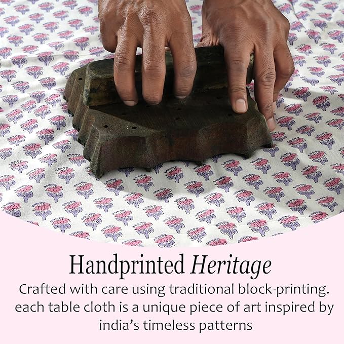 CPC Tablecloth 100% Cotton 70x118 Inch Indian Block Print Rectangle Table Cover, Table Cloth for Weddings, Spring/Summer, Barbeque -Pink Sapphire