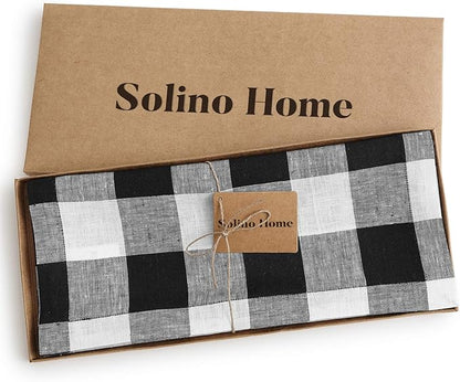 Solino Home Linen Checkered Table Runner 120 Inches Long - 100% Pure Linen Black and White Buffalo Check Table Runner 14 x 120 Inch Ideal for Dining