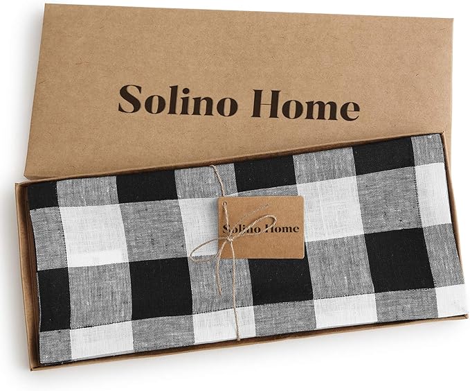 Solino Home Linen Checkered Table Runners 72 Inches Long - 100% Pure Linen Black and White Buffalo Check Table Runner 14 x 72 Inch Ideal for Dresser, Dining