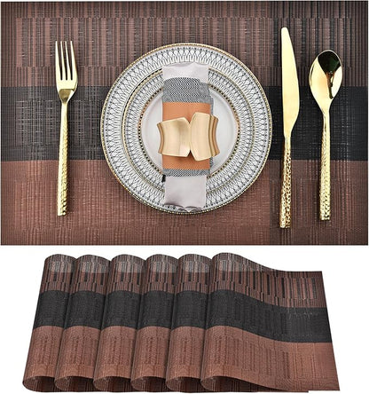 SLKQG Brown Placemats Set of 6 - Easy Clean Modern Durable Washable Vinyl Place Mats - Heat Resistant Placemats for Kitchen Table - PVC Table Mats for Dining Table (Brown Black, 6)