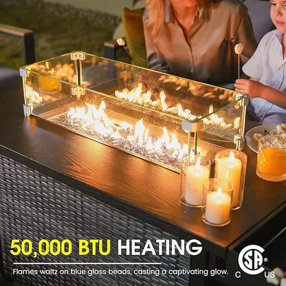 52 Inch Wicker Patio Fire Table, 50,000BTU Propane Fire Pit Table with Glass Wind Guard, Side Basket, Cover and CSA Certified, Outdoor Fire Pit for Garden, Backyard, Balcony, Poolside, Brown