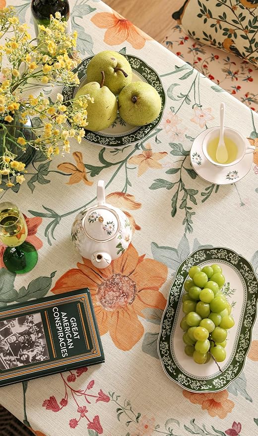 French Linen Square Tablecloth,Orange Floral Pattern Wrinkle Resistant and Soft Table Cloth,Decorative Table Cover for Kitchen,Dining,Thanksgiving,Tea Party,Christmas,67"*67"-Milch