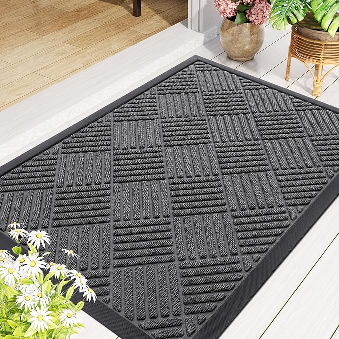 Smiry Front Door Mat Outside Entrance, Heavy Duty Outdoor Indoor Natural Rubber Doormat, Non Slip, Trap Dirt and Moisture, Easy Clean, Low Profile Patio Porch Entryway Mat, 71x47, Grey