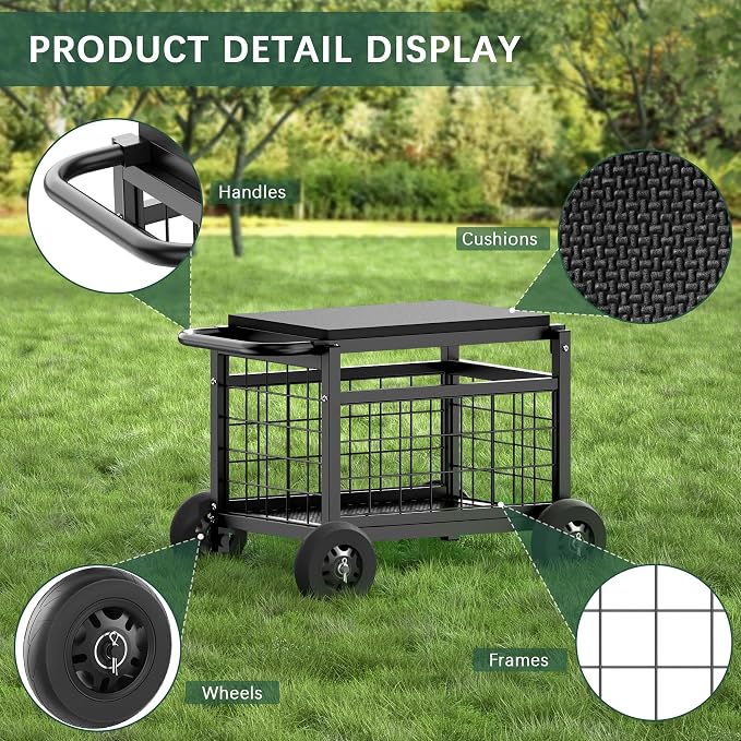 Garden Cart with Seat, 3-in-1 Rolling Seat with Wheels - Image 5