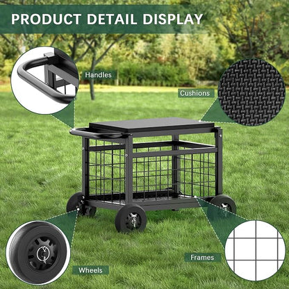 Garden Cart with Seat, 3-in-1 Rolling Seat with Wheels - Image 5