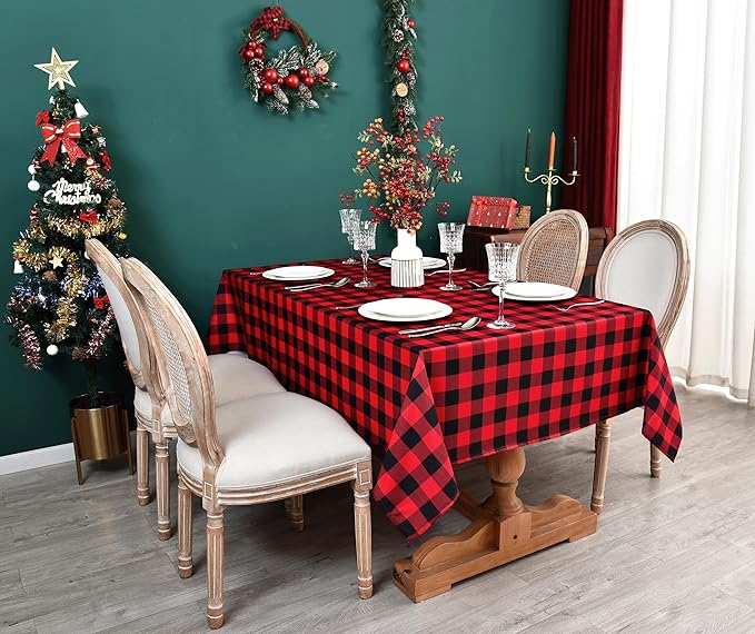 Waterproof Checkered Tablecloth Fabric - Rectangle 58x84 Inch Christmas Plaid Table Cloth for Indoor/Outdoor Use - Xmas Table Cover for Kitchen, BBQs, and Parties