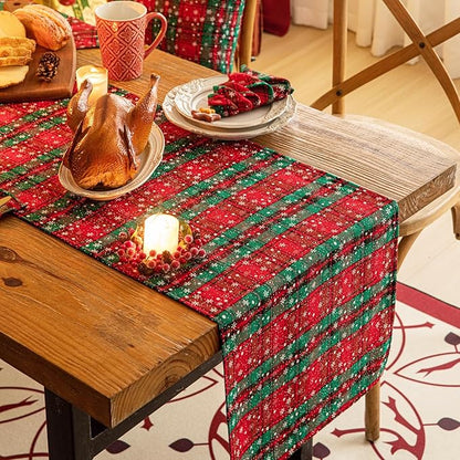 Green Red Plaid Snowflake Christmas Table Runner, Winter Holiday Table Runners 72 inches Long Xmas Decorations Indoor Outdoor Farmhouse Home Kitchen Dining Party Decor