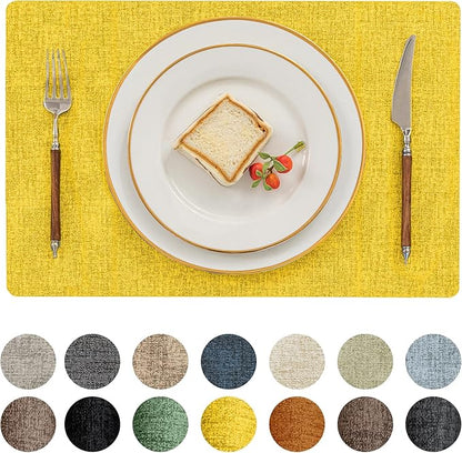 Romanstile Vinyl Placemats Set of 12-12 X 17 Inch - Heat Resistant Place Mats 100% Waterproof Oilproof Wipeable Reversible Faux Leather Table Mats for Kitchen, Dining, Party, Outdoor, Yellow