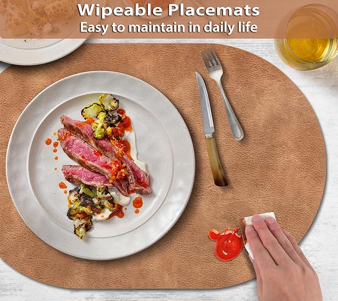 ADRIMER Placemats, Heat Resistant Oval Placemats Set of 12 Washable 12 x 17 Inch, Waterproof Table Mats, Wipeable Pu Place Mats for Kitchen, Dining Room, Sandy Light Brown
