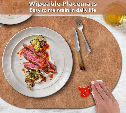 ADRIMER Placemats, Heat Resistant Oval Placemats Set of 12 Washable 12 x 17 Inch, Waterproof Table Mats, Wipeable Pu Place Mats for Kitchen, Dining Room, Sandy Light Brown