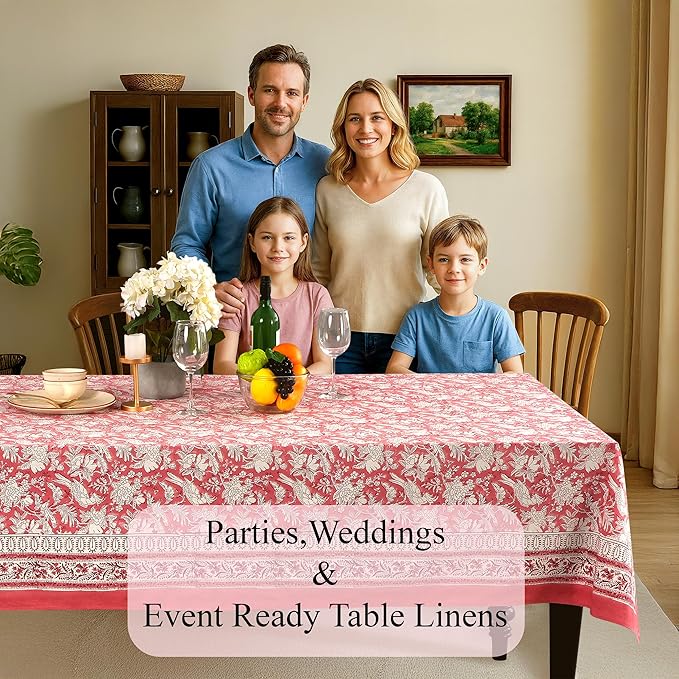 CPC Tablecloth 100% Cotton 70x118 Inch Indian Block Print Rectangle Table Cover, Table Cloth for Weddings, Spring/Summer, Barbeque - Pink Coral
