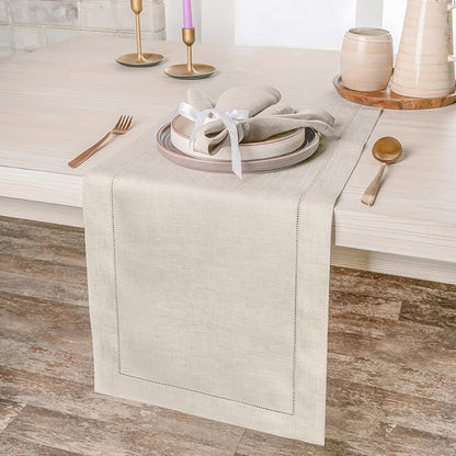 D'Moksha Homes Linen Light Natural Table Runner 120 Inches Long - 100% Pure Linen Hemstitch 14 x 120 Inch Table Runner for Dining, Valentines, Spring, Easter - Classic Hemstitch
