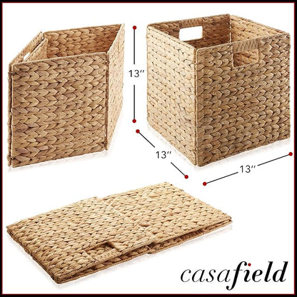 Casafield 13" x 13" Water Hyacinth Storage Baskets, Natural - Set of 2 Collapsible Cube Organizers, Woven Bins for Bathroom, Bedroom, Laundry, Pantry, Shelves