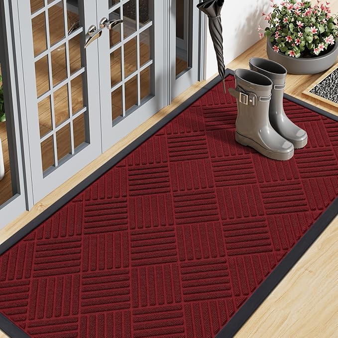 Smiry Front Door Mat Outside Entrance, Heavy Duty Outdoor Indoor Mat, Natural Rubber Doormat, Non Slip, Trap Dirt and Moisture, Easy Clean, Low Profile Patio Porch Entryway Mat, 47x23, Wine Red