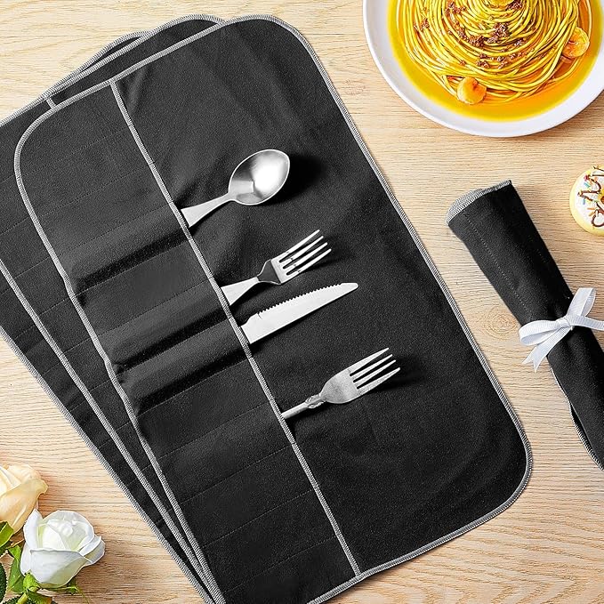 Hillban 18 Pcs Anti Tarnish Silver Storage Bags Silver Storage Cloth Felt Flatware Organizer Anti Tarnish Protector Bags Place Setting Roll with White Ribbon for Kitchen Cutlery (12 Slots,Black)
