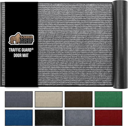 GORILLA GRIP Waterproof Traffic Guard Door Mat, 47x35, Heavy Duty Entryway Mats, Strong Rubber Back Commercial Utility Rugs for Office Hallway, Garage Floor and Home, Low Profile Carpet, Light Gray