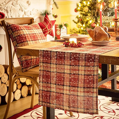Red Plaid Snowflake Christmas Table Runner, Winter Holiday Table Runners 72 inches Long Xmas Decorations Indoor Outdoor Farmhouse Home Kitchen Dining Party Decor