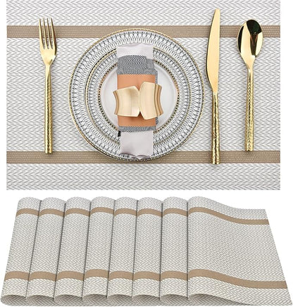 SLKQG Beige White Placemats Set of 8 - Easy Clean Modern Durable Washable Vinyl Place Mats - Heat Resistant Placemats for Kitchen Table - PVC Table Mats for Dining Table (Beige White with Stripes, 8)