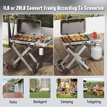 Portable Propane Gas Grill with Folding Cart & 13000 BTUs Burner, 360 Sq. In. Cast Iron Cooking Grates, Side Table, 8" Wheels, Stainless Grease Tray, Grey. Includes Propane Adapter Hose