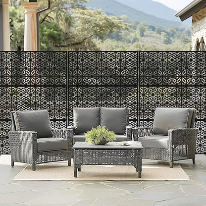 Casaphoria 72" H x 47" W Metal Outdoor Privacy Screen, Freestanding Decorative Divider for Patio, Deck, Balcony, and Garden with Stable Base, Black Gene