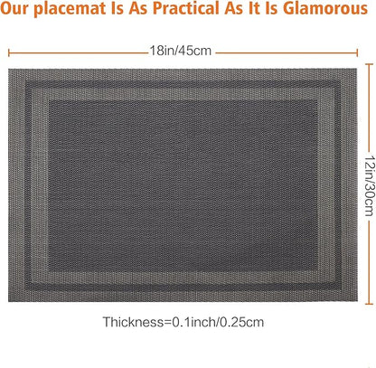 Placemats Set of 8,Washable,Heat and Stain Resistant Indoor/Outdoor Place mats,Vinyl Woven Non Slip Table Mats for Restaurant Table Protection,PVC Placemats(Black Gold 8PCS)
