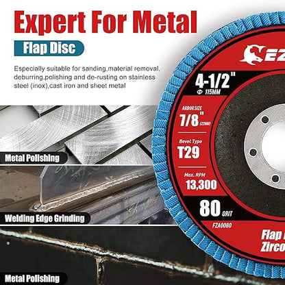 EZARC Flap Discs 80 Grit, 4 1/2 x 7/8-Inch Flap Sanding Disc, Type 29 Zirconia Grinding Wheel for Stainless Steel, Sheet Metal (10 Pack)