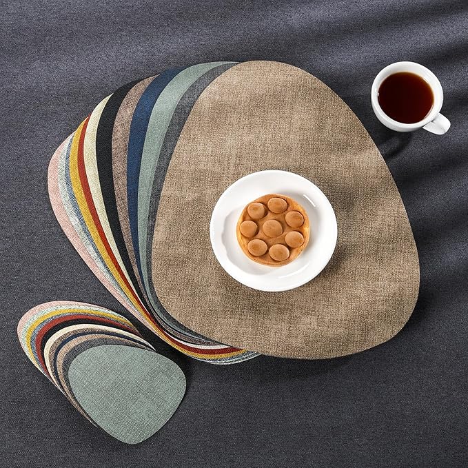 Placemats and Coasters, Washable Reversible Placemats Round Faux Leather Wipeable Place Mats Non Slip Heat Resistant Indoor Outdoor Table Mats (Set of 6, Gray Green)