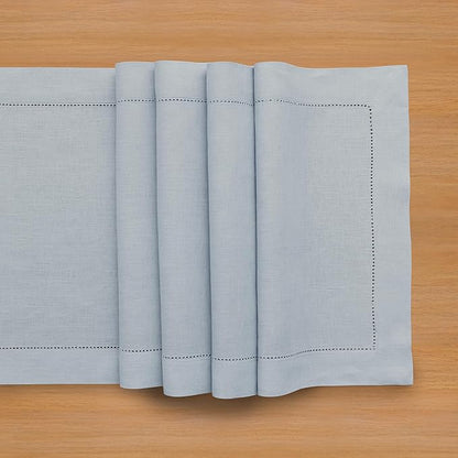 Solino Home Linen Dusty Blue Table Runner 90 Inches Long - 100% Pure Linen Hemstitch 14 x 90 Inch Table Runner for Dining, Winter, Spring, Easter - Classic Hemstitch