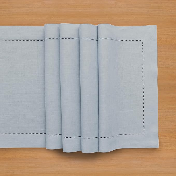 Solino Home Linen Table Runner 120 Inches Long - 100% Pure Linen Dusty Blue Table Runner 14 x 120 Inch for Winter, Spring, Easter - Classic Hemstitch