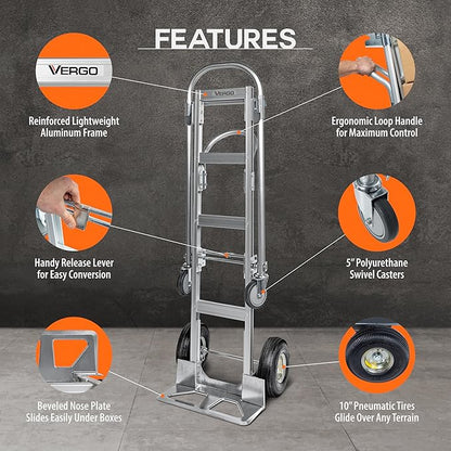Vergo Industrial Convertible Hand Truck - AS7B Heavy Duty Aluminum 2 in 1 Dolly (800 lb Capacity) Lightweight Reinforced Frame, Ergonomic Handle, Superior Mobility Moving Dolly (2 Positions, 63" High)
