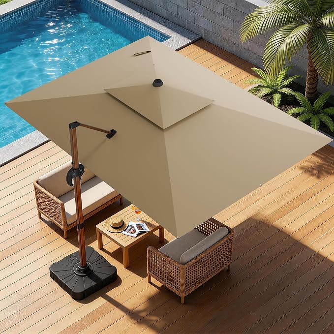 10x13FT Cantilever Outdoor Patio Umbrellas, Double Top Wood Pattern Rectangle - Image 8