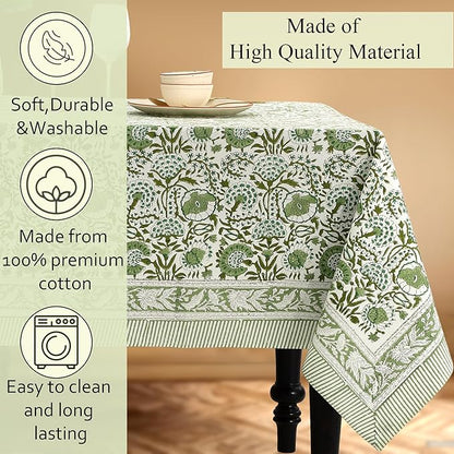 CPC Tablecloth 100% Cotton 70x108 Inch Indian Block Print Rectangle Table Cover, Green Table Cloth for Weddings, Spring/Summer, Barbeque - Agate Green