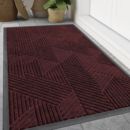 Smiry Front Door Mat Outside Entrance, Heavy Duty Sturdy Natural Rubber Doormat, Trap Dirt and Moisture, Easy Clean Low Profile Mats for Indoor Outdoor Entry, Irregular Triangle (59x24, Dark Red)