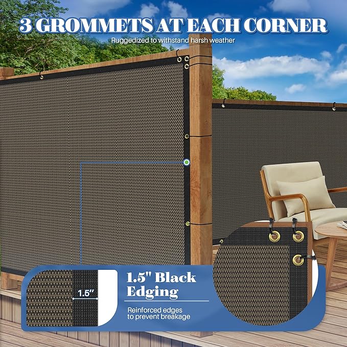 ECOOPTS 8'x64' Privacy Fence Screen Windscreen with Copper Grommets, Fit for Commercial Fence and Residential Garden Outdoor 90% UV Blockage, Cable Zip Ties Included (Brown)