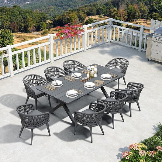 PURPLE LEAF 9 Pieces Outdoor Dining Set All-Weather PE Rattan Outdoor Patio Furniture Set with All Aluminum Frame Rectangular Table and Chairs Set for Lawn Garden Backyard Deck, Grey