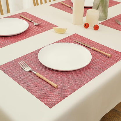 Leetaltree Red Placemats Set of 6 - Heat Resistant Non-Slip Place mats for Dining Table, Washable Durable PVC Vinyl Woven Table Mats