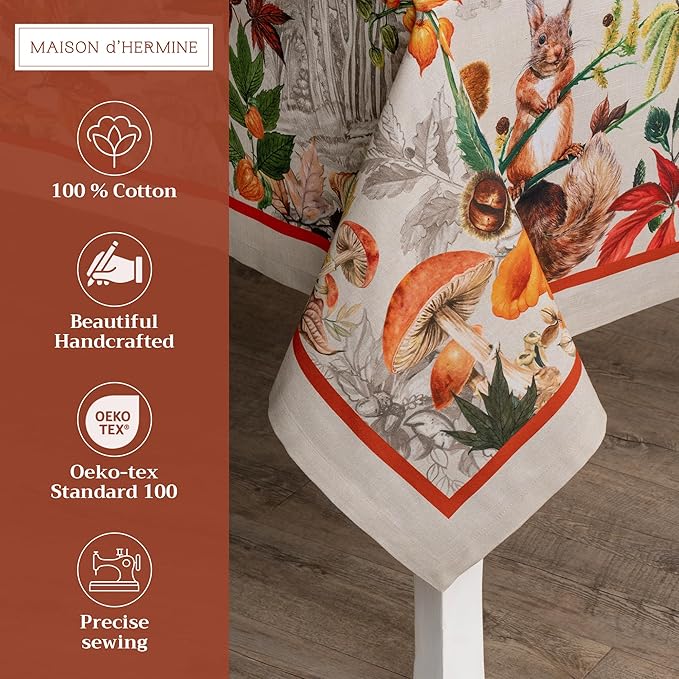 Maison d' Hermine Table Cloth Square Table 100% Cotton 60 x 60 Inches Fall Tablecloth Reusable Everyday Use for Thanksgiving Christmas Decorations Dining Farmhouse Party (Recolte)