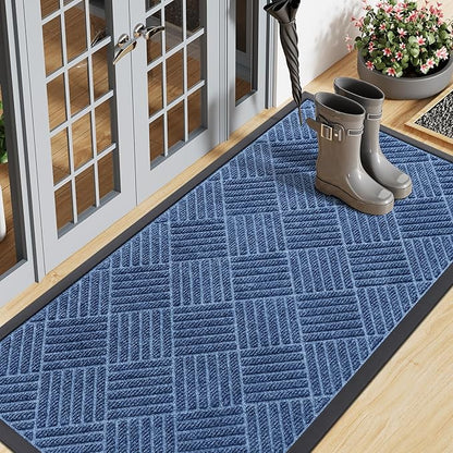 Smiry Front Door Mat Outside Entrance, Heavy Duty Outdoor Indoor Mat, Natural Rubber Doormat, Non Slip, Trap Dirt and Moisture, Easy Clean, Low Profile Patio Porch Entryway Mat, 59x23, Blue
