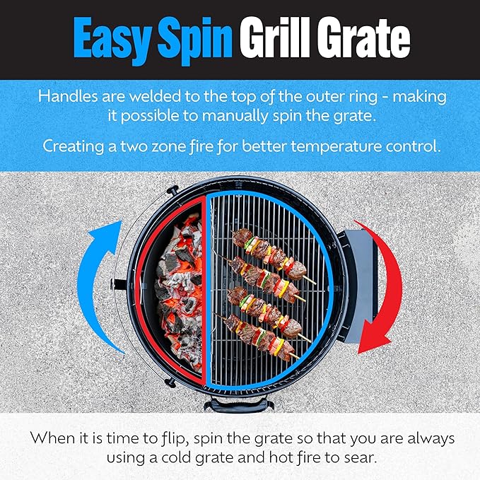 SnS Grills Slow ‘N Sear EasySpin Charcoal Grill Cooking Grate - Compatible with Weber and Other Grills, 2-Zone Stainless Steel Hinged Replacement - Tailgating & Backyard Cooking - 26” Inches