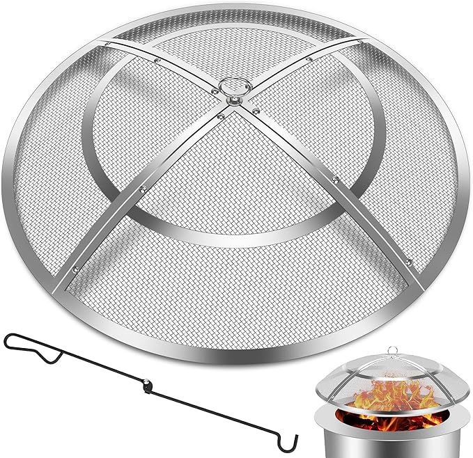 Fire Pit Spark Screen,30 Inch Fire Pit Screen Cover Stainless Steel Outdoor with Handle&Poker,Firepit Screens Cover Round Mesh Lid Heavy-Duty Steel Replacement for Backyard/Beach/RV Camping