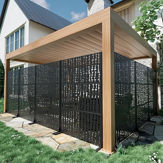 Casaphoria Metal Privacy Screen Outdoor, 72" H x 47" W Freestanding Decorative Privacy Screen for Patio Deck Balcony Garden with Stable Base, Black-David