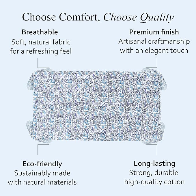 CPC Tablecloth 100% Cotton 60x90 Inch Indian Block Print Rectangle Table Cover, Washable Table Cloth for Weddings, Spring/Summer, Barbeque - Indigo Blue