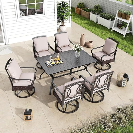 MFSTUDIO 7 Piece Patio Dining Sets with Swivel Chairs, 60’’ Metal Rectangular Dining Table for 6 and Chairs, Heavy Duty Outdoor Dining Furniture Set, Deck, Backyard