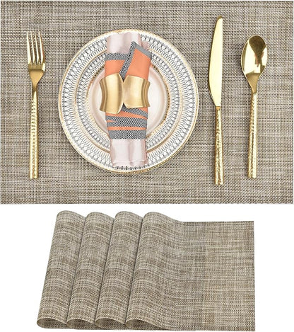 SLKQG Placemats Set of 4 - Easy Clean Washable Vinyl Placemats - Wipeable Heat Resistant Table Mats for Dining Table - 17.7x11.8 Inch (4, Gray & Gold Two-Tone)