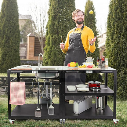 35” Outdoor Grill Cart with Sink, Outdoor Kitchen Sink Station with Hose Hook Up, Free Standing Sink with Wheels, Stainless Steel Sink with Single Bowl, Outdoor Utility Sink with Faucet