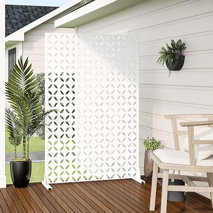 Casaphoria 72" H x 47" W Metal Privacy Screen, Outdoor Freestanding Decorative Divider for Patio, Deck, Balcony, and Garden with Stable Base, White-Daniel