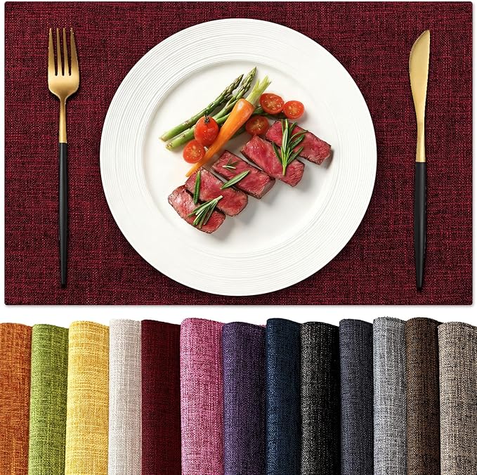 KXN Placemats Set of 4, Dual-Layer Thickened Faux Linen Table Mats, Heat Resistant & Wrinkle-Free, Machine Washable Cloth Place Mats for Kitchen Dining Indoor Outdoor (Red)