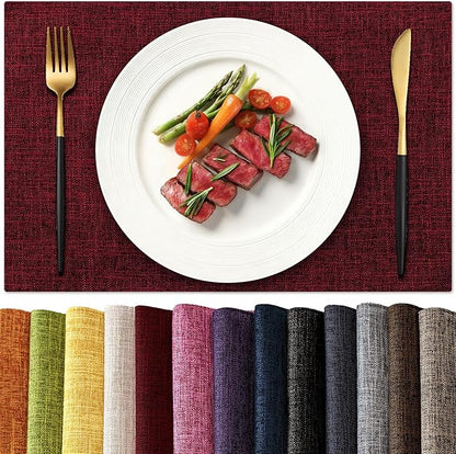 KXN Placemats Set of 6, Dual-Layer Thickened Faux Linen Table Mats, Heat Resistant & Wrinkle-Free, Machine Washable Cloth Place Mats for Kitchen Dining Indoor Outdoor (Red)