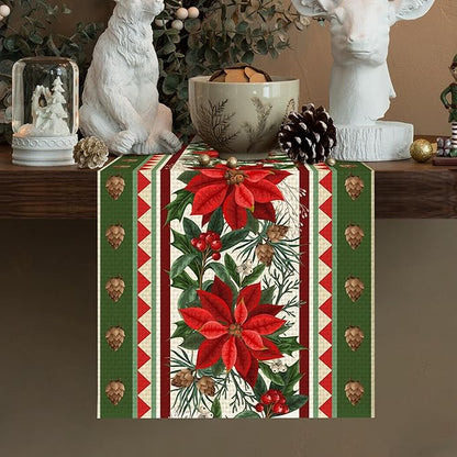 Christmas Flower Table Runner Burlap Kitchen Dining Linen Table Decoration for Indoor Outdoor Home Party Dinner 13x72 Inch