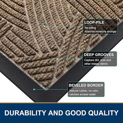 Smiry Front Door Mat Outside Entrance, Heavy Duty Sturdy Natural Rubber Doormat, Trap Dirt and Moisture, Easy Clean Low Profile Mats for Indoor Outdoor Entry, Interwoven Stripes (29.5x17, Brown)